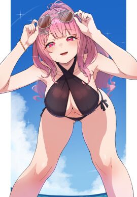 1girls adjusting_eyewear bare_shoulders bent_over bikini black_bikini blue_sky blush bracelet breasts brown-tinted_eyewear cloud cloudy_sky commentary_request criss-cross_halter day eyewear_on_head female glint gluteal_fold hair_ornament halterneck heart heart_in_eye high_ponytail highres huge_breasts jewelry kamidan knees legs long_hair looking_at_viewer lower_teeth_only nail_polish navel no_artist_signature open_mouth original outdoors pink_eyes pink_hair pink_nails ring side-tie_bikini_bottom sky smile solo stomach sunglasses swimsuit symbol_in_eye teeth thighs tinted_eyewear tongue white-framed_eyewear white_background