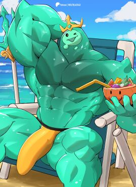 1boy 2024 abs absurd_res anatake beach beach_chair bendy_straw beverage big_muscles blue_body bulge clothed clothing cloud coconut coconut_drink day detailed_bulge drinking_straw drupe_(fruit) epic_games flaccid food fortnite front_view fruit genital_outline glistening glistening_body goo_creature goo_humanoid hand_behind_head hi_res huge_muscles humanoid male male_only muscles muscular muscular_humanoid muscular_male one_eye_closed open_mouth outside pecs penis penis_outline plant poseidon_(fortnite) rippley_(fortnite) sand sitting sky solo spread_legs spreading topless underwear wolfblack2543 yellow_clothing yellow_underwear