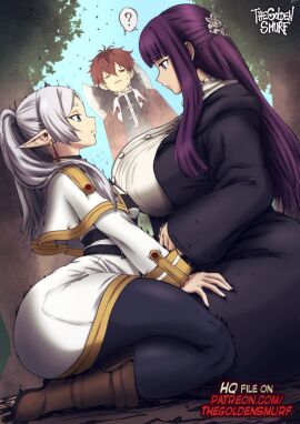 1boy 2girls :3 :t =w= ? ass bangs big_ass big_breasts bottom_heavy breast_comparison breast_envy breasts clothed color colored earrings elf elf_ears elf_female face_to_face female fern_(sousou_no_frieren) frieren giant_thighs hair_ornament huge_thighs iron_alchemist kneeling male multiple_females multiple_girls purple_hair red_hair sousou_no_frieren stark_(sousou_no_frieren) thegoldensmurf third-party_edit tits_bigger_than_head white_hair