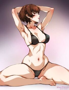 1girls armpits black_lingerie breasts brown_hair child_bearing_hips female fit fit_female hairless_armpits lingerie makoto_niijima minacream navel persona persona_5 persona_5_royal red_eyes solo solo_female spread_legs tagme thong wide_hips