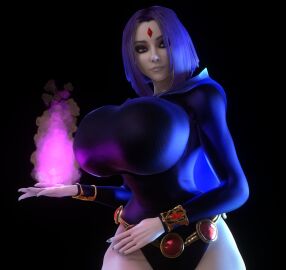 1girls 3d 3d_(artwork) alternate_breast_size big_breasts bodysuit breasts breasts_bigger_than_head cambion cape clothed clothed_female dc dc_comics female female_only grey_body grey_skin grey_skinned_female half-demon half_demon hi_res high_resolution highres huge_breasts large_breasts magic purple-haired_female purple_bodysuit purple_cape purple_hair rachel_roth raven_(dc) skin_tight solo solo_female teen_titans upper_body using_magic vaako