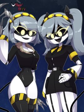 2d 2girls black_ribbon bob_cut bobcut business_attire business_suit business_woman disassembly_drone female female_only glitch_productions humanoid j_(murder_drones) jacket looking_at_viewer murder_drones pigtails robot robot_girl robot_humanoid screen_face silver_hair silver_hair_female tagme usagi_star v_(murder_drones) yellow_eyes