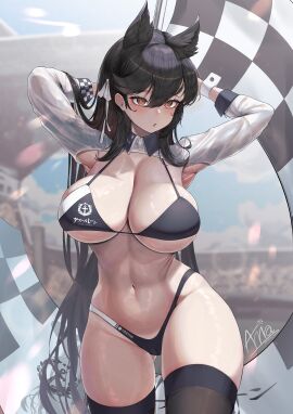 animal_ears armpits arms_behind_head arms_up ass_visible_through_thighs atago_(azur_lane) atago_(stunning_speedster)_(azur_lane) azur_lane bikini black_bikini black_hair black_thighhighs blush breasts brown_eyes cg checkered_flag cleavage cowboy_shot extra_ears female flag hair_ribbon highleg highleg_bikini large_breasts long_hair mole mole_under_eye navel official_alternate_costume race_queen shrug_(clothing) solo standing stomach swimsuit thighhighs thighs two-tone_bikini white_ribbon wrist_cuffs