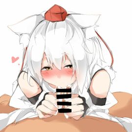 1boy animal_ear_fluff animal_ears bar_censor blush censored commentary_request cum cum_in_mouth detached_sleeves fellatio female hair_between_eyes hat heart houkai_(collapse_illust) inubashiri_momiji looking_at_viewer male momiji_inubashiri open_mouth oral penis pom_pom_(clothes) red_hat shirt short_hair simple_background sleeveless sleeveless_shirt solo_focus straight tail tokin_hat touhou upper_body white_background white_hair white_shirt white_sleeves wolf_ears wolf_girl wolf_tail