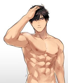 1boy abs arm_up black_eyes black_hair completely_nude male male_only muscular muscular_male nipples nude original parted_lips simple_background solo sweat topless white_background yukibi_(ykb)