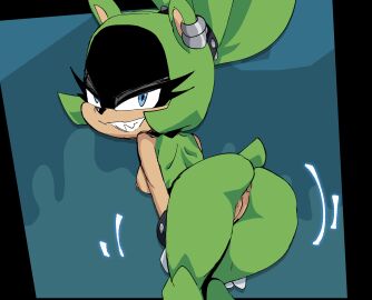 absurdres animal_ears animal_nose anus ass ass_focus ass_shake back bent_over black_border blue_background blue_eyes body_fur border breasts completely_nude earrings eyelashes female furry furry_female gloves green_fur grin happy highres inker_comics jewelry kneepits looking_at_viewer makeup medium_breasts nipples non-web_source nude outdoors piercing ponytail presenting pussy sharp_teeth sidelocks sideways smile smirk solo sonic_(series) source_request standing surge_the_tenrec tail teeth thighs tongue tongue_out