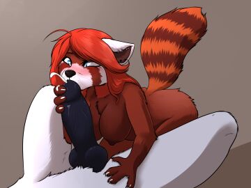 ailurid anthro black_penis blush bodily_fluids cum cum_string cumshot duo ejaculation el-gallo fellatio female fur genital_fluids genitals hair hand_on_hip hazrapanda hi_res knot knotted_penis male male/female mammal nude nude_anthro nude_female nude_male oral penile penis red_body red_fur red_hair red_panda sex shaded vein veiny_penis white_body white_fur