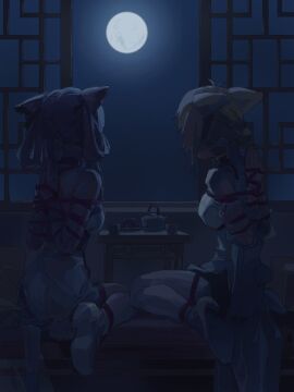 a_tea animal_ears arknights arms_behind_back bondage bound china_dress chinese_clothes dress female highres kroos_(arknights) moon ptilopsis_(arknights) restrained reverse_prayer shibari_over_clothes tail tea tea_ceremony tied_up_(nonsexual)