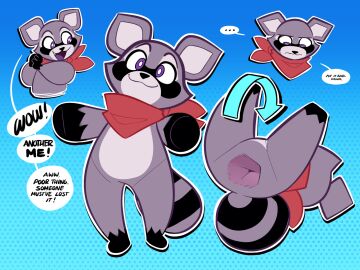 4:3 anthro anus averysweatyboy big_anus countershading dialogue dipstick_limbs english_text featureless_crotch gradient_background hi_res humor indigo_park kerchief male male_only mammal markings multiple_images neckerchief neckwear_only penetrable_sex_toy plushie procyonid purple_eyes raccoon rambley_raccoon sex_toy simple_background solo strategically_placed_hole striped_markings striped_tail stripes tail tail_markings text