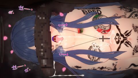 1boy 1girls 3d arknights blue_hair breasts censored cheating cock_hungry cock_worship cum cum_drip cum_in_mouth cum_on_breasts dark-skinned_male dark_skin female horns interracial kino_(pixiv67256913) koikatsu light-skinned_female light_skin male medium_breasts mosaic_censoring mostima_(arknights) naked necklace netorare penis qos queen_of_spades tagme tattoo tongue tongue_out