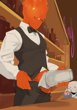 2024 5_fingers absurd_res animated_skeleton balls black_bottomwear black_clothing black_pants blue_clothing blue_jacket blue_topwear blush bone bottomwear bottomwear_down bow_tie cleaning cleaning_tool clothed clothing detailed_background dress_shirt drinking duo elemental_creature elemental_humanoid erection eyewear fingers fire fire_creature fire_humanoid flaming_hair gay gay_male genitals glass glasses grillby hi_res holding_object humanoid improvised_sex_toy jacket kogito long_sleeves male pants pants_down partially_clothed pseudo_hair red_body sans sans_(undertale) shirt skeleton topwear undead undertale undertale_(series) vest white_body white_clothing white_shirt white_topwear yaoi