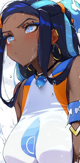 1girls :o big_breasts blue_eyes blush breasts dark-skinned_female dark_skin female female_focus female_only game_freak gym_leader hair_ornament hi_res high_resolution highres hizake human kashu_(hizake) long_hair looking_at_another necklace nessa_(pokemon) nintendo pokemon pokemon_(game) pokemon_ss simple_background solo solo_focus swimsuit tagme two-tone_hair wet white_background