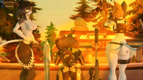 absurd_res anthro ass big_breasts big_butt bottomless breasts cate_meowdy clothed clothing epic_games erect_nipples felid feline female first_person_view fortnite genitals glowing glowing_eyes glowing_genitalia group hi_res looking_at_viewer mammal meow_skulls nipples nude nude_anthro nude_female outside partially_clothed samtrix spice_(fortnite) tail thick_thighs topless trio vulva