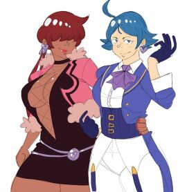 2girls big_breasts blue_eyes blue_hair blushing_at_viewer boob_window bowtie breasts busty chest classy couple dress earrings elegant elisabeth_blanctorche female gloves grabbing heart jacket king_of_fighters light-skinned_female light_skin long_hair looking_at_viewer necklace necktie pale_skin pants pointing ponytail red_hair shermie_(kof) short_hair skirt smile smiling_at_viewer suspenders tan tan_body tan_skin thick thick_legs thick_thighs thighs tied_hair voluptuous voluptuous_female wide_hips