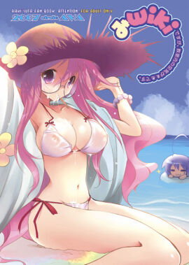 2girls beach bikini blue_hair cat_smile closed_eyes female glasses konata_izumi lucky_star miyuki_takara mugen_dai pink_eyes pink_hair side-tie_bikini sitting_on_ground sun_hat tagme very_long_hair