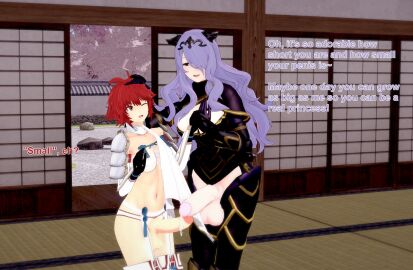 2futas 3d camilla_(fire_emblem) english_text female fire_emblem fire_emblem_fates futanari hinoka_(fire_emblem) intersex large_penis nintendo penis penis_comparison purple_hair red_hair text underwear xavierhuge