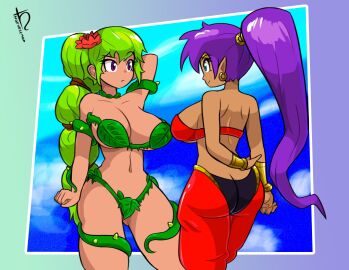 2girls alternate_version_available armwear ass big_breasts blue_eyes bottomwear bracelet breasts cleavage clothing crossover dryad_(terraria) ear_piercing earrings female female_only flower flower_in_hair green_hair hair hair_ornament hand_behind_head harvestman_here huge_breasts leaf_clothing multiple_females multiple_girls pants pointy_ears ponytail purple_eyes purple_hair shantae shantae_(character) skimpy skimpy_clothes terraria topwear tubetop