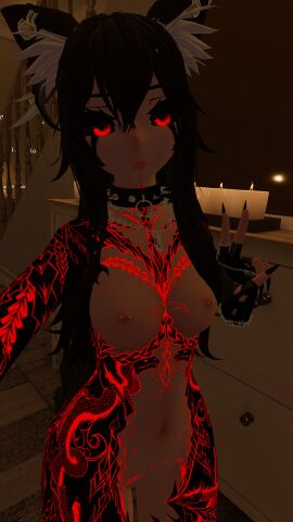 black_hair breasts candle cat_ears cat_girl catgirl collar expressionless female female_only gloves lewd_vrchater long_hair naked nipple_piercing nipples peace_sign piercing red_eyes self_upload small_breasts spiked_collar tagme tattoo vrchat