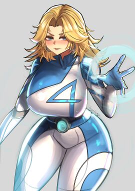 1girls absurdres artist_name belt blonde_hair blue_bodysuit blue_eyes blue_hair blush bodysuit breasts commentary earrings fantastic_four female gloves grey_background grin highres jewelry large_breasts lips long_hair marvel marvel_rivals reyarths seductive_smile simple_background smile solo sue_storm superhero_costume two-tone_bodysuit white_bodysuit