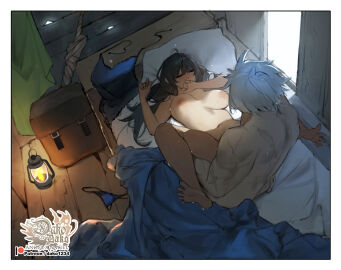 1boy barefoot bed bed_sheet blue_panties breasts closed_eyes commentary completely_nude english_commentary female highres hu_dako lamp large_breasts lying male missionary nipples nude on_back on_bed original panties panties_removed patreon_logo patreon_username pillow sex short_hair soles straight thighs toes underwear unworn_panties white_hair