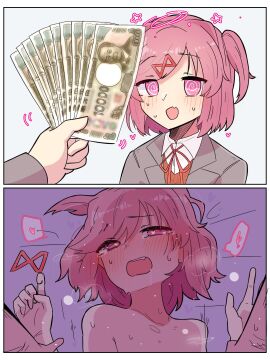 1boy 1girls 2koma 3:4 @_@ ahe_gao before_and_after blush comic crying doki_doki_literature_club female heart-shaped_pupils held_down instant_loss kentylevel looking_at_viewer looking_pleasured male male_pov meme missionary_position money natsuki_(doki_doki_literature_club) offering_money pink_hair pov prostitution ribbon school_uniform short_hair straight tagme tears