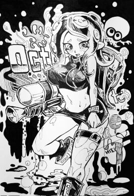 agent_8_(octo_expansion) agent_8_(splatoon) belly_button big_breasts black_and_white black_panties blush bracelet breasts crop_top cute dokudami_so_(artist) embarrassed exposed_midriff female gun holding_skirt holding_skirt_down knee_boots large_breasts leather_clothing manga manga_style microskirt midriff miniskirt nintendo octoling octoling_girl pampam panties_visible_under_skirt sleeveless_jacket splatoon splatoon_(series) splatoon_2 splatoon_2:_octo_expansion tagme tagme_(artist) tentacle_hair thigh_strap upskirt weapon