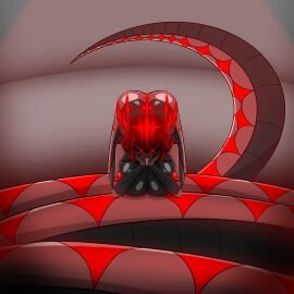 ayamari_y_(drajoe) breasts drajoe facility female hand_on_cheek huge_breasts lamia naga original original_character red_eyes red_hair red_halo red_light red_lighting red_nipples tongue tongue_out xfacility