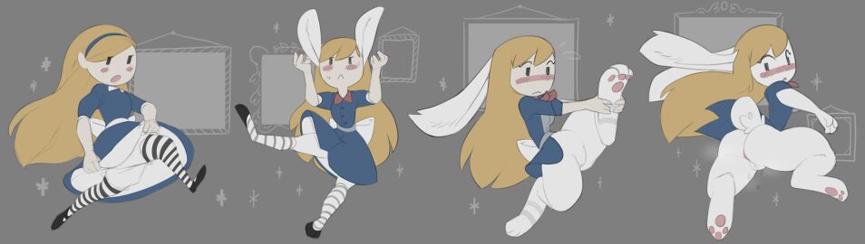 2022 3_toes 4chan_anon :< :o accessory alice_(alice_in_wonderland) alice_in_wonderland alternate_species animal_humanoid anthro anus ass barely_visible_anus biped blonde_hair blue_clothing blue_dress blue_topwear blush bodily_fluids bottomless bottomless_anthro bottomless_female clothed clothed_anthro clothed_female clothed_human clothed_humanoid clothing coupon_alice digital_media_(artwork) digitigrade dress empty_eyes eyelashes feet female female_anthro female_human female_humanoid fingers flat_colors floppy_ears foot_grab footwear fully_clothed fully_clothed_female fully_clothed_human fur genital_fluids genitals grey_background hair hair_accessory hairband hi_res hindpaw human human_to_anthro humanoid lagomorph lagomorph_humanoid legwear leporid leporid_humanoid light_body light_skin long_hair lop_ears mammal mammal_humanoid monotone_body monotone_fur noseless one_leg_up open_mouth pattern_clothing pattern_legwear pattern_stockings pawpads paws pink_pawpads plantigrade pussy rabbit rabbit_humanoid raised_leg running sequence shoes short_tail simple_background simple_eyes solo species_transformation stockings striped_clothing striped_legwear striped_stockings stripes stylized_empty_eyes surprise surprised_expression sweat tail toes topwear transformation transformation_sequence unknown_artist vaginal_fluids vulva white_body white_ears white_fur white_tail