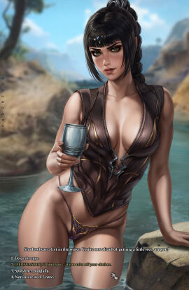 1girls artist_name baldur's_gate baldur's_gate_3 bare_arms bare_legs bare_shoulders bare_thighs big_breasts black_eyes black_hair blush breasts clothed clothing color dandon_fuga dungeons_and_dragons english_text female female_focus female_only forgotten_realms hi_res inner_sideboob large_breasts light-skinned_female light_skin long_hair looking_at_viewer shadowheart solo solo_female tagme text thick_thighs wading water
