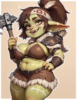 ai_generated animated armor arrows axe big_breasts bodypaint brown_hair chubby cleavage cute fur_armor goblin goblin_female goblintide green_body green_skin headband holding_weapon looking_at_viewer midriff navel no_sound quiver_(object) smile solo tagme thicc thick_thighs video wide_hips yellow_eyes