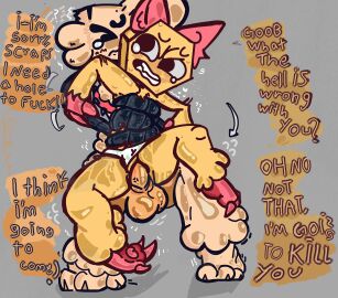 angry_face crying cute dandy's_world goob_(dandy's_world) incest_(lore) lifting non-con scraps_(dandy's_world) starzumo text text_bubble vaginal_penetration