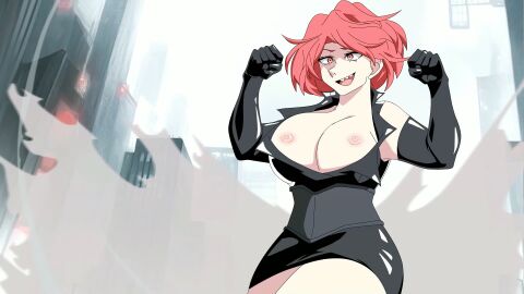 boobs_out breasts edited_image female female_only pk2 red_eyes red_hair thick_thighs tits_out