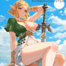 1girls animated big_breasts blonde_hair breasts cameltoe casual casual_nudity clothing convenient_censoring female itzah legs_closed nintendo one_breast_out pale_skin pixel_animation pixel_art princess_zelda pussy shield sword tears_of_the_kingdom the_legend_of_zelda thong tunic weapon zelda_(tears_of_the_kingdom) zelda_protagonista