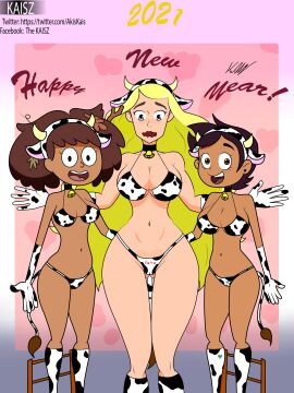 2_panel_comic 3girls adora alternate_breast_size amphibia anne_boonchuy artist_signature asian_female bell bikini blonde_female blonde_hair breasts brown_eyes brown_hair busty_female busty_teenager chocolate_and_vanilla cleavage comic cow_bikini cow_ears cow_girl cow_horns cow_print cow_print_bikini cow_tail cowkini crossover dark-skinned_female dark_skin disney disney_channel disney_xd dominican dreamworks drool drooling embarrassed excited excited_female facebook_username fake_cow_horns fake_horns female female_only female_pervert gloves green_hair happy happy_female heart-shaped_pupils hispanic humanoid implied_ass_grab interracial_yuri kaisz latina long_hair looking_at_viewer luz_noceda multiple_females multiple_girls netflix pale_skin she-ra she-ra_and_the_princesses_of_power short_hair spanish_text straight_hair text thai the_owl_house twitter twitter_username wide_hips yuri