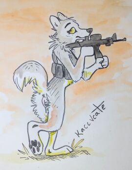absurd_res anthro ass bodily_fluids canid canine canis colored female fur genitals gun hi_res holding_object kaccvcate looking_at_viewer mammal military nude painting_(artwork) pussy ranged_weapon simple_background solo tail traditional_media_(artwork) vulva watercolor_(artwork) weapon wolf