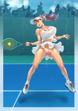 breasts censored chichimaro choker cleavage dark_areolae day female going_commando huge_breasts large_areolae nipples_visible_through_clothing no_bra no_panties outdoors ponytail pussy pussy_juice see-through_top shoes skirt sneakers socks solo sweat tan_body tank_top tanline tennis tennis_court tennis_racket tennis_uniform tight_tank_top visor_cap white_tank_top