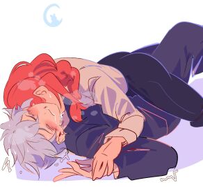 1boy 1girls blank_background blush braided_hair chainsaw_man closed_eyes crossover crossover_pairing death_battle dominant_female drooling female female_on_top femdom fully_clothed hickey jujutsu_kaisen kissing_neck licking_neck makima_(chainsaw_man) male malesub monster_girl neck_kiss pleasure_face possessive possessive_female red_hair saliva satoru_gojo submissive_male tremble_spikes white_hair xamthos_(artist)