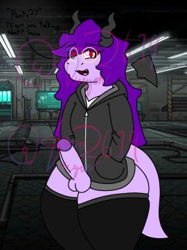 2024 aliasing anthro balls black_clothing black_horn black_legwear black_stockings black_wings blush blush_lines bottomless bottomless_male casual_exposure chocodragon circular_glasses clothed clothing detailed_background digital_media_(artwork) disembodied_wings dragon english_description english_text erection exhibitionism eyebrow_through_hair eyebrows eyelashes eyewear femboy game_background genitals glasses gold_glasses hair hand_in_pocket hi_res horn humanoid_genitalia humanoid_penis jacket legwear limbus_company long_hair male mythological_creature mythological_scalie mythology penis pockets project_moon purple_body purple_hair purple_scales raised_eyebrow red_eyes scales scalie smile smiling_at_viewer solo stockings text topwear translucent translucent_hair wearing_glasses wings yanno_(character)