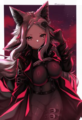 1girls animal_ear_fluff animal_ears bangs black_hair bodysuit breasts brown_eyes cape closed_mouth covered_navel covered_nipples dark_skin dya_rikku_(vtuber) face_markings female fox_ears gloves hand_up jacket large_breasts long_hair looking_at_viewer multicolored_hair parted_bangs pink_hair red_hair skin_tight solo streaked_hair two-tone_hair very_long_hair virtual_youtuber vyugen white_hair
