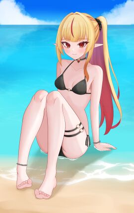 1girls 2d 2d_(artwork) alternate_costume beach bikini bikini_bottom bikini_top black_bikini black_bikini_bottom black_bikini_top black_swimsuit blonde_hair breasts clouds day dsuzu eternals_(idol_corp) female female_focus female_only front_view full_body high_resolution highres idol_corp idol_es latam_virtual_youtuber light-skinned_female light_skin long_hair ocean outdoors pigtail pointy_ears red_eyes red_hair ruby_runeheart sand sitting sky slim_female small_breasts smiling smiling_at_viewer solo solo_female solo_focus summer swimsuit two-tone_hair two_piece_swimsuit virtual_youtuber vtuber vtuberfanart water young younger_female