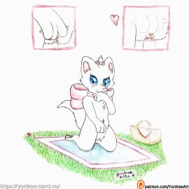 3_toes anthro blue_eyes cub disney domestic_cat feet felid feline felis female fur genitals grass hi_res mammal marie_(aristocats) masturbation open_pussy patreon patreon_logo patreon_username pawpads paws plant presenting presenting_pussy pussy shy solo text the_aristocats toes traditional_media_(artwork) url white_body white_fur yordraw