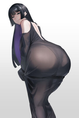 ass big_ass black_dress black_hair bocchi_the_rock! closed_mouth colored_inner_hair dress ear_piercing female highres hime_cut huge_ass i_kitsugi leaning_forward long_hair long_sleeves looking_at_viewer looking_back multicolored_hair pa-san pantylines piercing purple_hair simple_background smile solo standing white_background