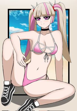 1girls bikini blonde_hair breasts choker daikiri_di_mon female fortnite fortnite:_battle_royale hair_ornament lennox_rose_(fortnite) looking_at_viewer multicolored_hair pierced_belly_button piercing pink_eyes ponytail ponytails shoes smiling spread_legs