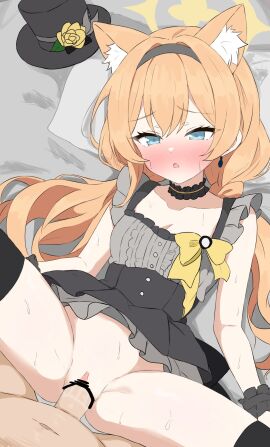 1boy 1girls alternate_hairstyle bar_censor bed blue_archive blue_eyes blush breasts censored cleavage clothed_sex collarbone commentary_request earrings female hairband halo highres jewelry light-skinned_female light-skinned_male light_skin long_hair looking_at_viewer low_twintails male mari_(blue_archive) mari_(idol)_(blue_archive) official_alternate_costume open_mouth orange_hair pov pussy sex sisterhood_(blue_archive) small_breasts spread_legs sweat trinity_general_school_student twintails vaginal_penetration watti3600 young