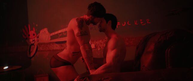 3d 3d_model 3d_render almost_kissing cd_projekt_red cgi cyberpunk cyberpunk_2077 gay gay_male male male/male male_only neon_lights sex_worker souperman stripclub stripper tattoo tattoos teasing v_(cyberpunk_2077)
