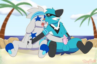 absurd_res balls balls_tuft bandage bandaged_arm bandaged_leg beach bodily_fluids closed_eyes clothing davyboi dewott drooling duo eye_patch eyewear fur fur_markings generation_5_pokemon generation_8_pokemon genitals handjob hi_res humanoid_genitalia humanoid_penis kerchief kissing male male/male markings masturbating_to_other masturbation neckwear nintendo nude open_mouth pawpads paws penile penis pokemon pokemon_(species) rabbity_the_raboot raboot saliva saliva_on_tongue saliva_string scarf sex shell sitting smile spearmint_iv_the_dewott tapering_penis tuft