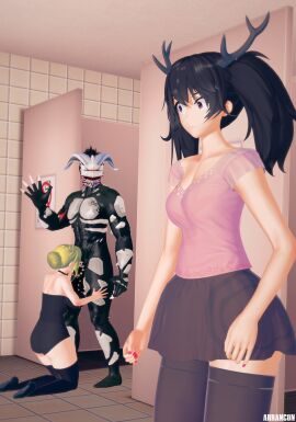 1boy 2girls 3d animal_horns anthro arrancon black_hair black_hair_female blonde_female blonde_hair blowjob breasts clothed_female faunus female glynda_goodwitch grimm_(rwby) male monster monster_boy monster_cock monster_on_female multiple_females multiple_girls nude_male original_character penis public public_sex rwby