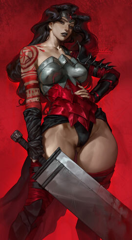 absolute_wonder_woman aleriia_v athletic athletic_female clothed clothes clothing coattails curvaceous curvaceous_body curvaceous_female curvaceous_figure curvaceous_hips curvy curvy_body curvy_female curvy_figure curvy_hips dc dc_comics female female_focus female_only leotard long_hair muscular muscular_female muscular_thighs pin_up superheroine sword tattoo tattooed_arm thick_hips thick_thighs thigh_highs thighhighs thighs tiara witch wonder_woman wonder_woman_(series)