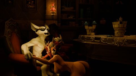 3d age_difference alexstrasza anthro_on_female bigger_female blizzard_entertainment blowjob bordo cum cum_in_mouth dragon dragonflight eyepatch female furry furry_male gambling horns interspecies jewelry knot knotted_penis larger_female male milf penis size_difference smaller_male sucking sucking_penis umbralwarden vulpera warcraft white_fur world_of_warcraft