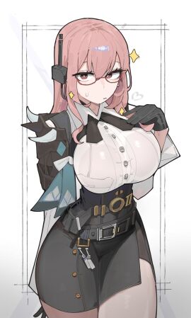 1girls armor azz0422 black_gloves black_skirt blush breasts clothed commission cowboy_shot female glasses gloves hair_between_eyes high-waist_skirt highres large_breasts long_hair looking_at_viewer pencil_skirt pink_eyes pink_hair shoulder_armor sidelocks skirt solo sparkle standing sweatdrop tsukishiro_yanagi zenless_zone_zero